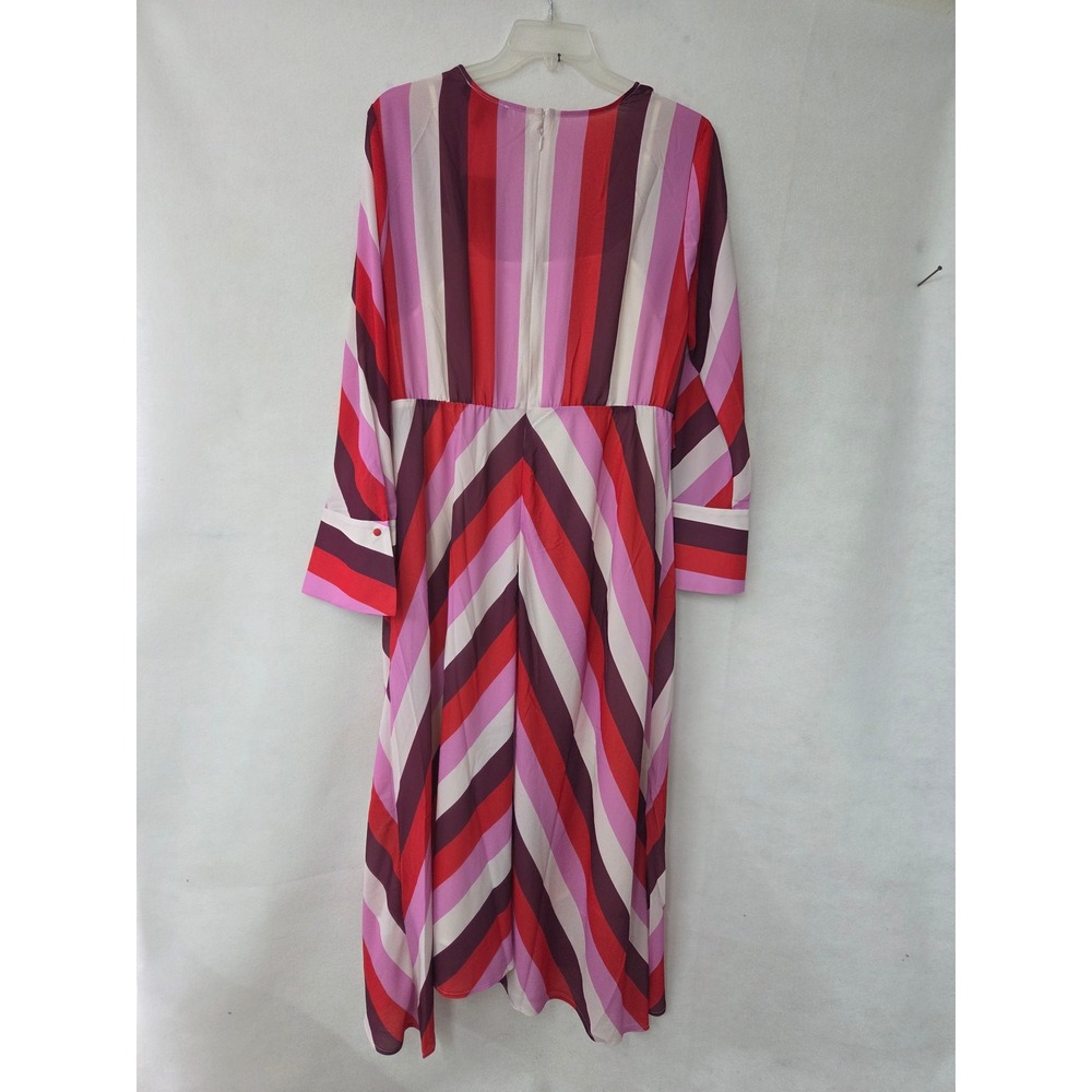 ELOQUII Twist Bodice Stripe Midi Dress Women 18 Pink Red Long Sleeve V-Neck New - Picture 4 of 13